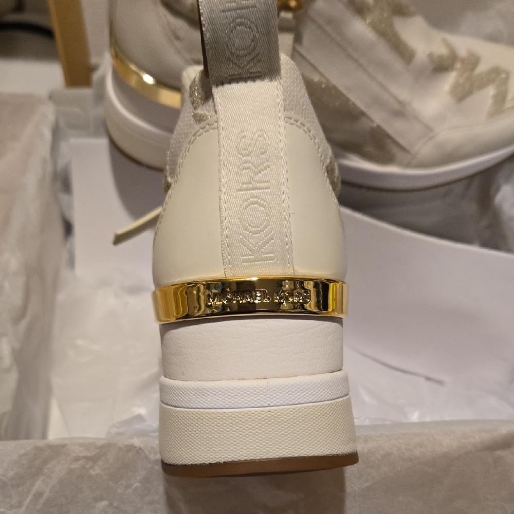 NEW Michael Kors Cream and Gold Wedge Slip-On Sneakers - Picture 6 of 8